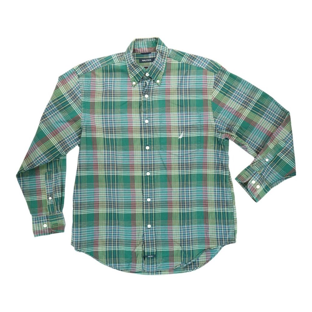 Nautica 80's Two Ply Basketweave Plaid Long Sleeve Button Down Shirt Size Medium